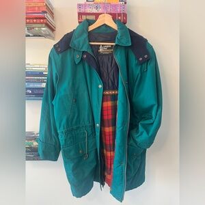 Vintage Green and Navy 90s London Fog Coat with Hood and Unique Plaid Lining - L